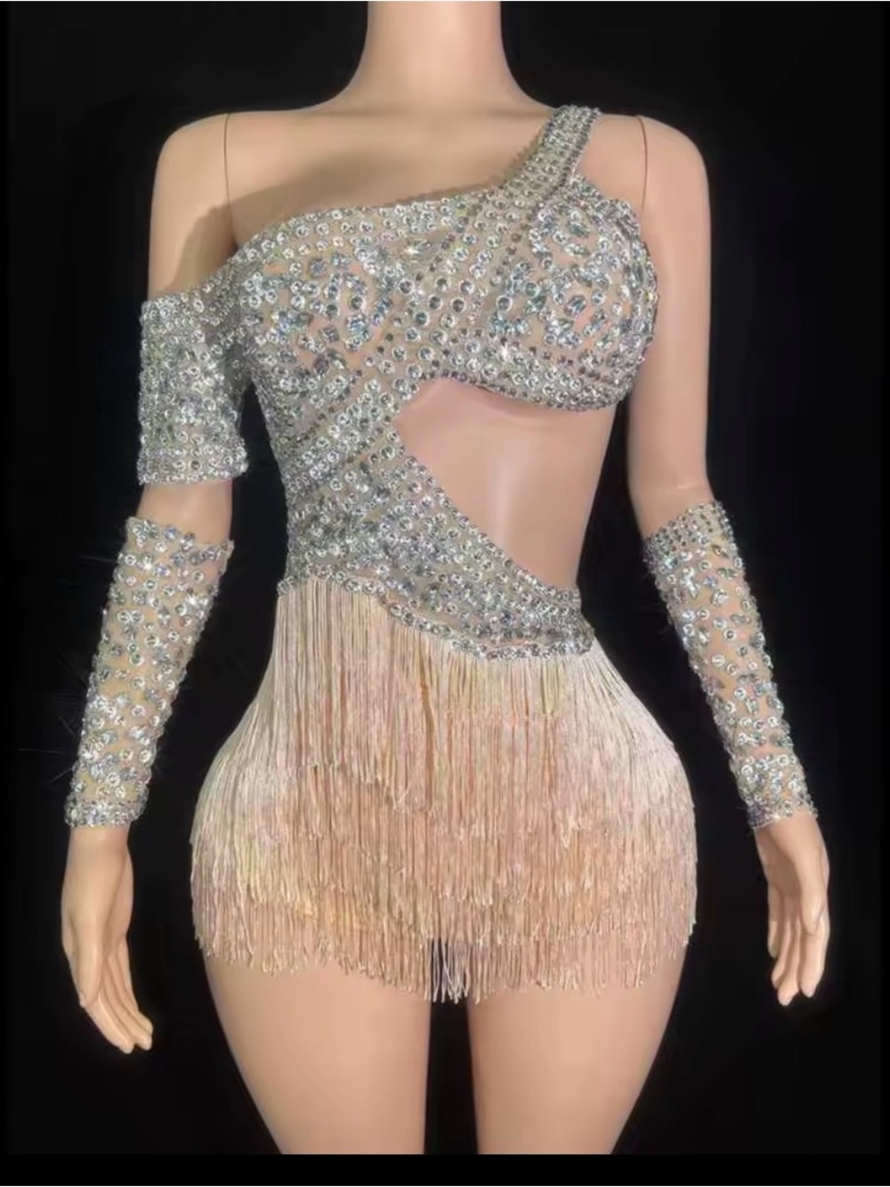 Rhinestone One-Shoulder Fringe Mini Dress - Nude/Silver